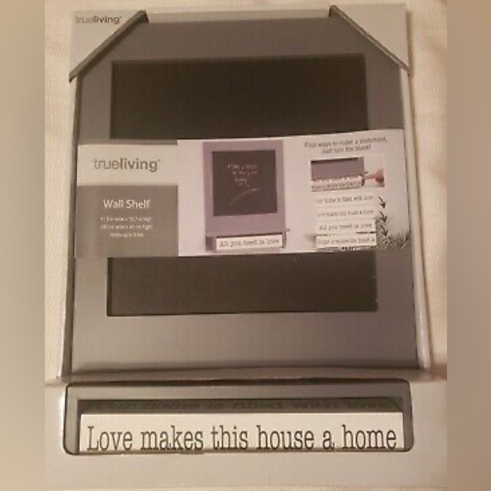 True Living Wooden Wall Shelf Chalkboard 11.8" x 15.7" w/4 Statement Blocks Gray